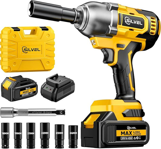 SILVEL Cordless Impact Wrench, MAX 650N.M Brushless Impact Gun 1/2 inch, 4.0Ah Battery, 6 Sockets, 3300RPM Impact Driver wih Fast Charger