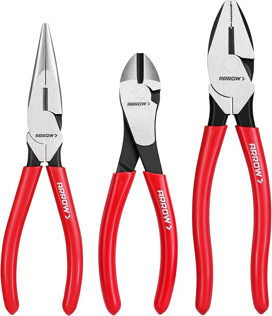 ARROW 3PCS Pliers Set, 8" Needle Nose Pliers, 7" Diagonal Plier, 8" Linesman with Non-slip Handle, Premium Carbon Steel, High Leverage Design
