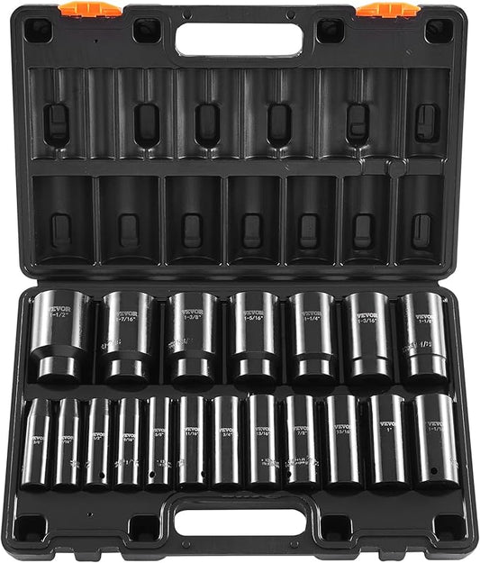 VEVOR Impact Socket Set, 1/2" 19 Piece Impact Sockets, Deep Socket, 6-Point Sockets, 1/2 Inches Drive Socket Set Impact 3/8 inch - 1-1/2 inch, Cr-V Rugged Construction, with a Storage Cage