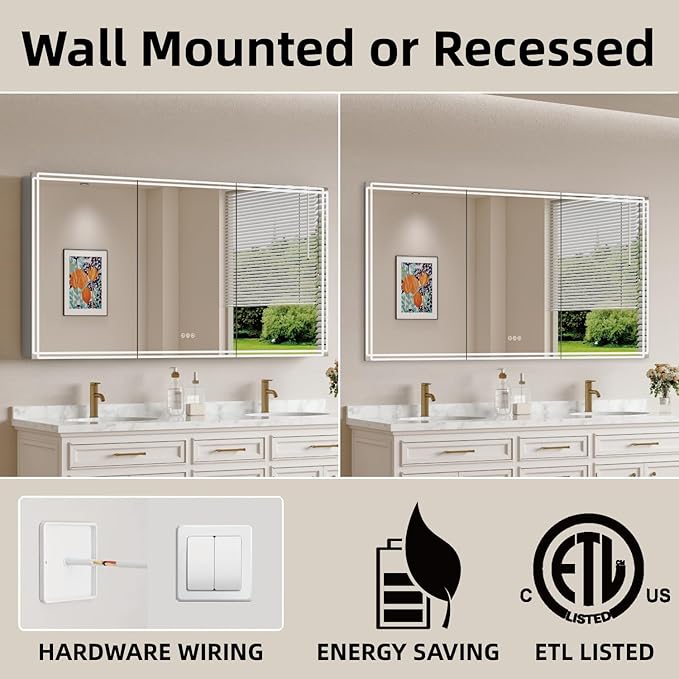 Buruis 60'' x 32'' Medicine Cabinet with Lights and Mirrors, Recessed or Wall Mounted Modern Bathroom Cabinet with 3-Mode Light, Anti-Fog, Dimmable, Memory Function, Outlet, Silver