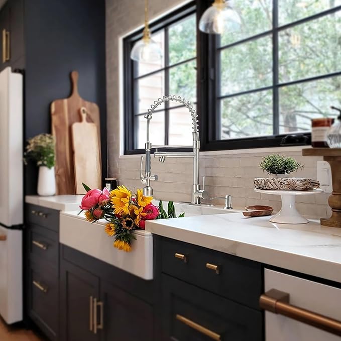 Fapully Commercial Kitchen Faucets with Pull Down Sprayer Brushed Nickel LED Single Handle Faucet for Kitchen Sink, Kitchen Faucet with Soap Dispenser and Deck Plack for 4 Hole