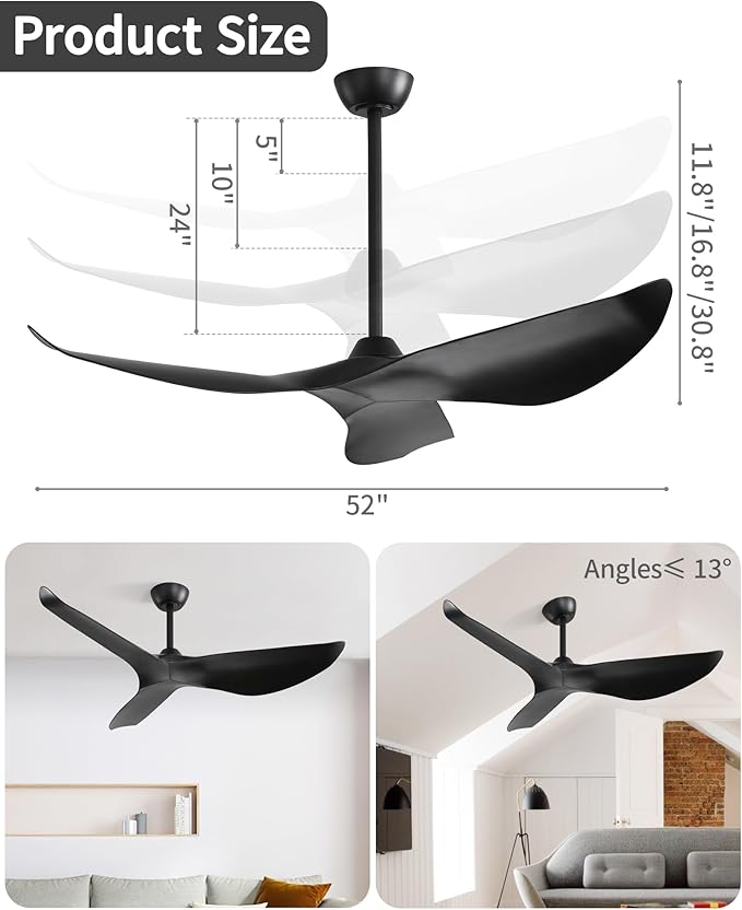 CACI Mall Ceiling Fans Without Lights - 52-Inch Flush Mount Ceiling Fan with 6 Speeds, 3 Timer Remote, Quiet Reversible DC Motor, and 5"/10"/25" Replacement Downrods (Black ABS Blades)