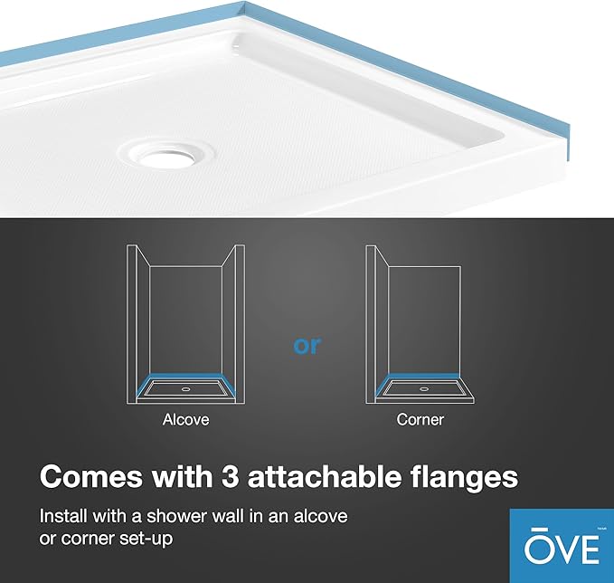 OVE Decors 40 in. W x 32 in. D Shower Base Pan Square, Center Drain, White Acrylic, Reversible Design