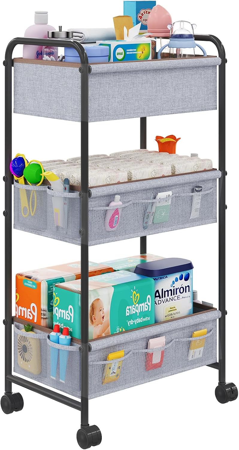 3-Tier Baby Diaper Caddy Cart Organizer with 2 Dividers & 14 Mesh Pockets - Black Mobile Nursery Storage Cart with Wheels, Durable Metal Utility Cart for Nursery, Bedroom, Baby Essentials Organization