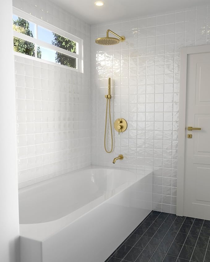 Lava Odoro Modern 3-Setting Round Rain Bathtub and Shower Faucet Set, Gold Rainfall Shower Head and Handle Set, Rain Shower System with Tub Spout, Shower Valve Trim Kit, Brushed Gold, SF104-SG-T