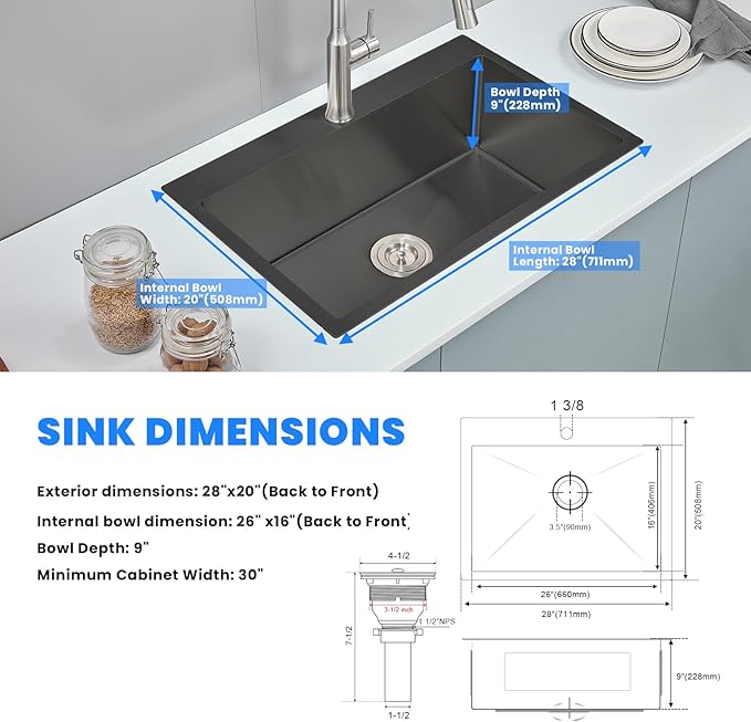 POPFLY Kitchen Sink, 28×20 Inch Drop In 18 Gauge Handmade SUS 304 Top mount Stainless Steel 9 Inch Deep Single Bowl Kitchen Sinks, Black