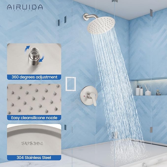 Airuida Shower Faucet Set,8 Inch Round Rainfall Shower Head,SUS304 Stainless Steel Single Handle Shower Trim Kit,Wall Mount Bathroom System with Female Threads Valve Brushed Nickel