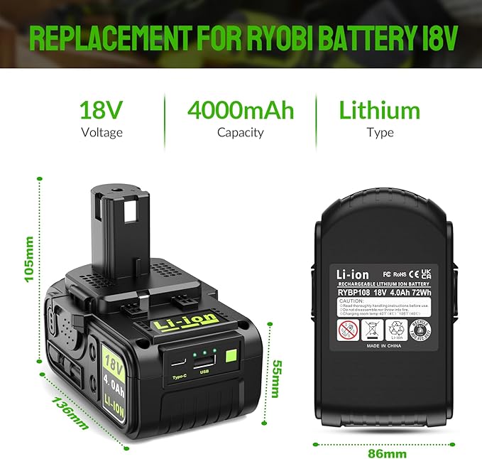 Abeden 2 Packs 18V 4Ah Replacement Ryobi Batteries with USB for Ryobi 18 Volt ONE+ P108 P102 P103 P104 P105 P107 P109, Compatible Lithium-Ion Battery for Cordless Tools