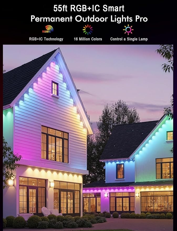 Permanent Outdoor Lights, Smart RGB+IC Lights Outdoor (Multi Scene Modes), 55ft with 36 LED Lights, IP67 Waterproof for House Decor, Work with Alexa, Google Assistant, Quick Installation