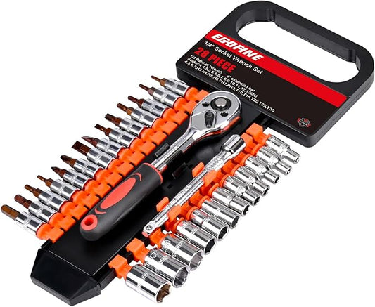 Egofine 28pcs 1/4 Inch Ratchet Socket Wrench Set, Drive Socket Set with 12 Sockets and 14 Bits, with Extension Bars