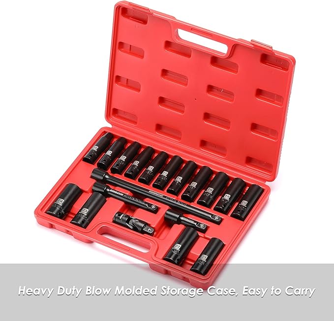 MIXPOWER 1/2-Inch Drive Deep Impact Socket Set, CR-V, Metric Size 10-24mm, 6 Point, Perfect for Home, Mechanic and Repair Project, 19-Piece Sockets Set with Extension Bar and Universal Joints.
