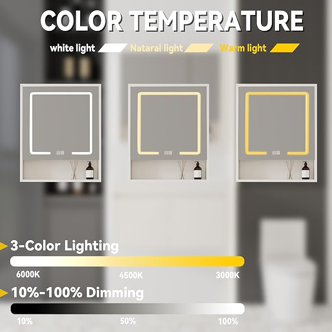 24'' Bathroom Vanity with Ceramic Sink Combo and Medicine Cabinet Mirror with Led Light/Defog, Wall Mounted Small Bathroom Vanity with Soft-Close Door Modern Floating Cabinet, Khaki(No Faucet)