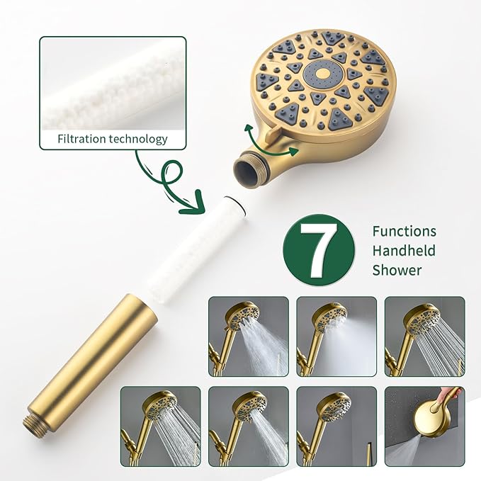 Shower Faucet Set with 7 Functions Handheld Shower Head Filter Shower Combo Set Shower System Shower Trim Kit Brushed Gold