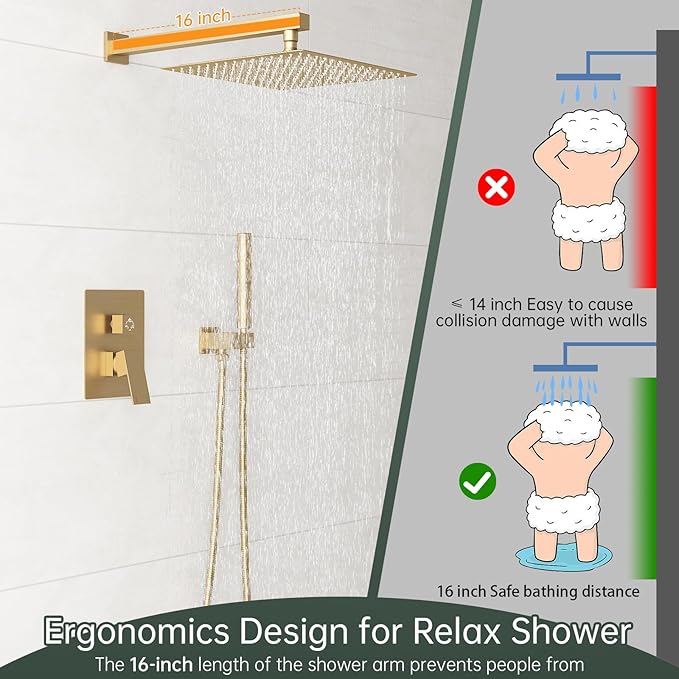 Hoimpro Shower System Set with 12 Inch Bathroom Rain Mixer Shower Head and Handheld Wall Mounted, Rainfall Shower Faucet Fixture Combo with High Pressure 2 in 1 Handheld Showerhead, Brushed Gold