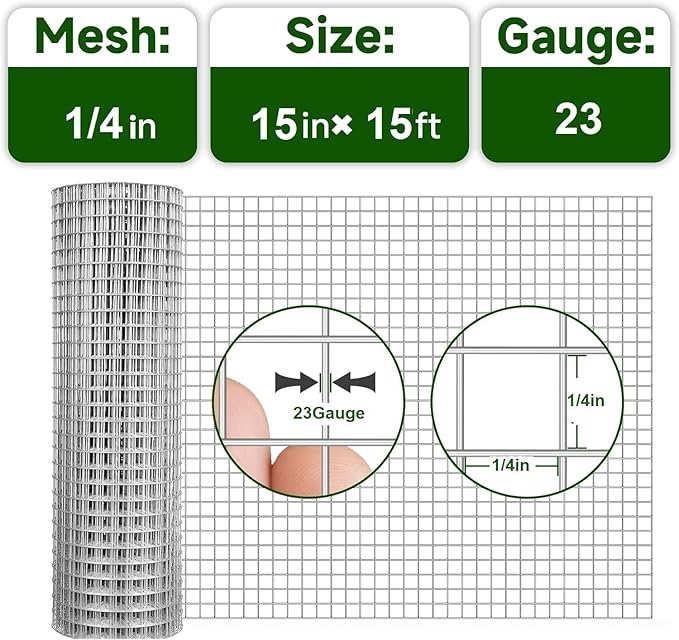 Hardware Cloth 1/4inch 15inx15ft 23 Gauge,Double-Layer Hot-Dip Galvanizing After Welding,Chicken Wire Netting Garden Wire Fencing Rabbit Snake Fence Chicken Coop Plant Supports