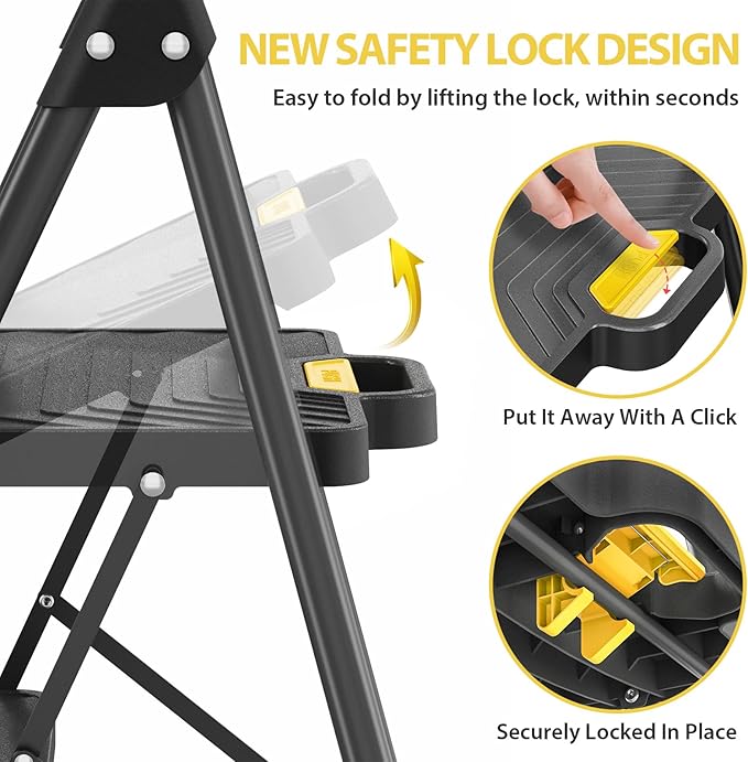 KINGRACK 2 Step Ladder, Sturdy Steel Step Stool with Anti-Slip Wide Pedals, Handrail, Safe-Lock Design, Pass 800lbs Load Testing, Folding Portable Ladder for Multi-Purpose, Home, Kitchen, Black