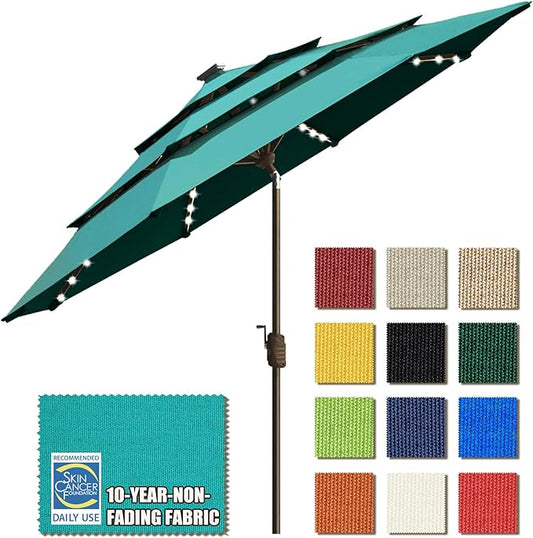 EliteShade USA 10-Year-Non-Fading Solar 9ft 3 Tiers Market Umbrella with 80 LED Lights Patio Umbrellas Outdoor Table with Ventilation,Teal