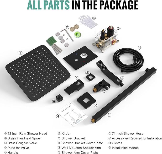 SR SUN RISE 12 Inches Matte Black Shower System 12 Inch Brass Bathroom Luxury Rain Mixer Shower Combo Set Wall Mounted Rainfall Shower Head System Shower Faucet Rough-in Valve Body and Trim Included