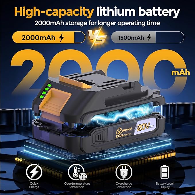 20V Brushless Cordless Lithium-Ion Drill Set, Compact Design, Gray Rechargeable Lithium-Ion Drill Kit, including 2.0Ah Battery, Charger and 3/8-inch Keyless Chuck
