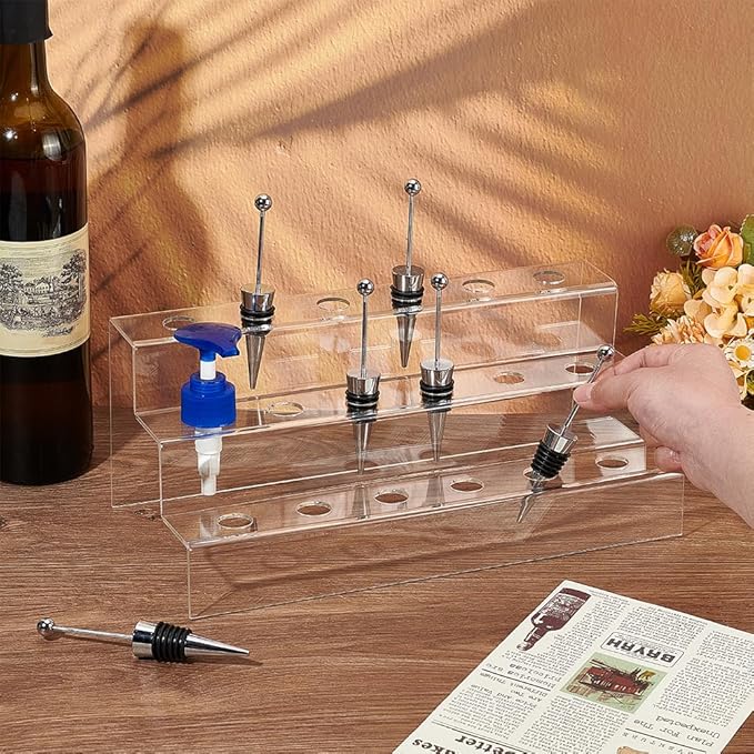 NBEADS 18-Hole 3-Tier Wine Bottle Stopper Display, 4.84x11.89x5.71 Inch Clear Acrylic Wine Bottle Stopper Display Stairs Inner 1.9cm/0.75 Wine Stopper Display Stand Rack for Countertop