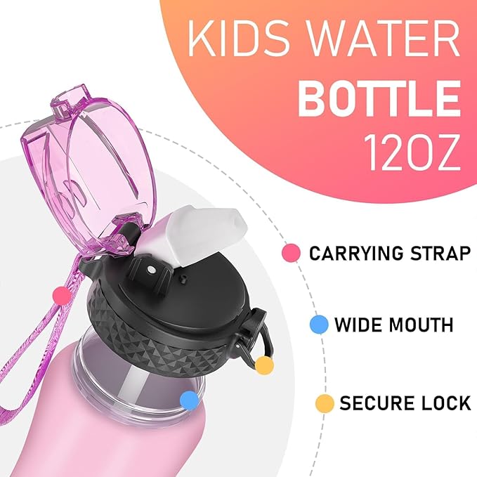 GOPPUS Kids Water Bottle with Straw Spout Lid 10pcs Stickers 12 oz Leak-proof BPA Free Motivational Time Marker Tritan Plastic Water Bottles for Girls Boys School Sports