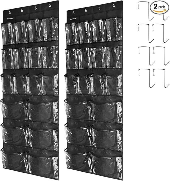 2 Pack Extra Large Hanging Over Door Shoe Organizers,closet shoe organizer shoe rack organizer shoe storage,12+6 Crytal Pockets,8Hooks,black (59"x 21.6")