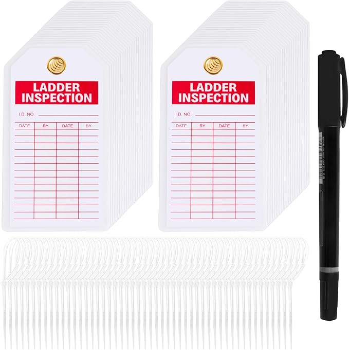Lionshop Ladder Safety Inspection Tags, Inspection Record Kit, Accident Prevention Tag, Double-Sided Inspection Tag, 5.75" x 3", 0.375" in Brass Eyelet Size, Red Ink on White, Polyester (Pack of 50)