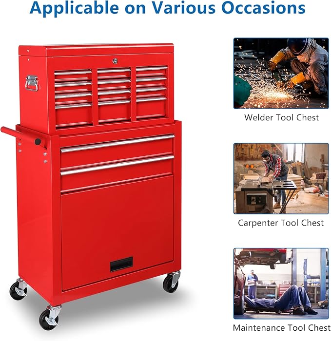 TUFFIOM 8-Drawer Rolling Tool Chest, Tool Storage Cabinet w/Lockable Wheels, Detachable Top, Drawers & Side Hooks, Mechanic Tool Organizer Box for Garage Warehouse Repair Shop