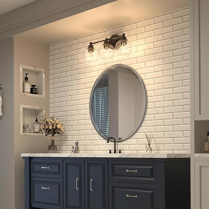 VONLUCE Bathroom Light Fixtures, 3-Light Vanity Light with Globe Glass Shades E26 Sockets, Bathroom Lights Over Mirror for Bedroom Hallway Living Room, Black Finish