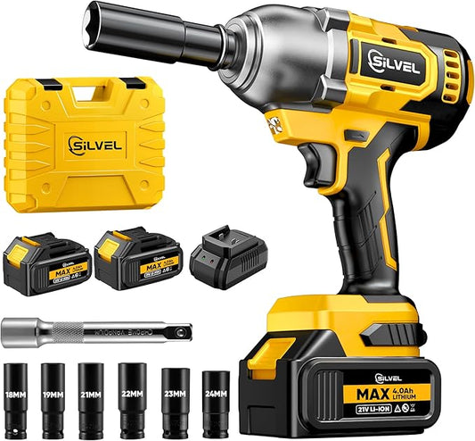 SILVEL Cordless Impact Wrench, 480 Ft-lbs (650N.m) Impact Gun 1/2 inch, 2 * 4.0Ah Battery Powered Brushless Impact Wrench with 6 Sockets, Fast Charger