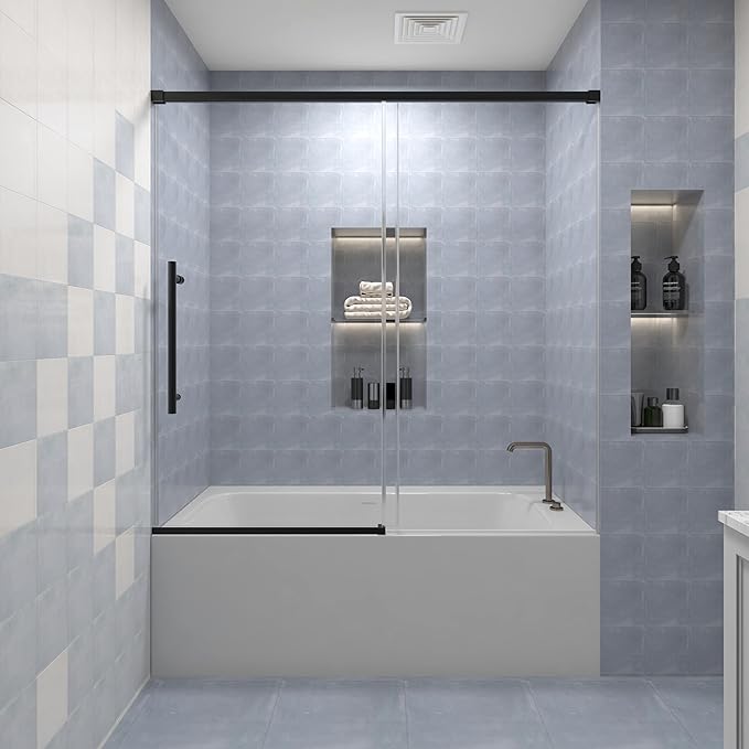 KPUY Bathtub Shower Door, 56-60" W x 58" H Sliding Shower Door for Bathtub, 1/4" (6mm) Thick Tempered Clear Glass with Explosion-Proof Film Nano Coating in Matte Black Finish