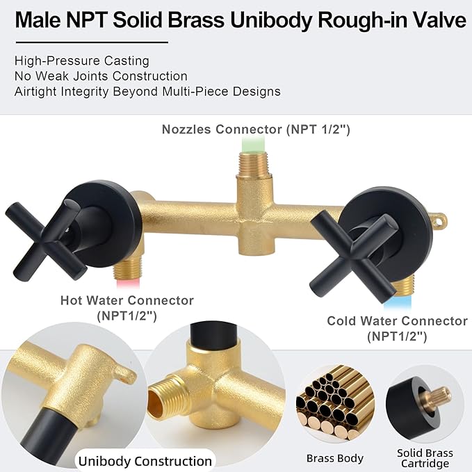 2 Handle Shower Faucet,2 Knobs Tub and Shower Trim Kit with Valve,Two Handles Shower Faucet Set with 3 Modes Rainfall Shower Head,Shower Trim Kit Wall Mounted,Matte Black,1A3MK-W