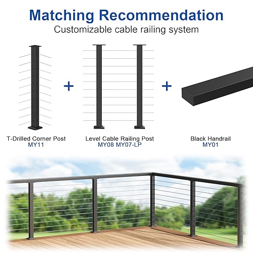 36" Cable Railing Corner Post (35"x2"x2"), 3-Side T-Drilled Flat Top Surface Mount Black Corner Post, T304 Stainless Steel One-Post Corner Solution for Indoor Outdoor, MY11
