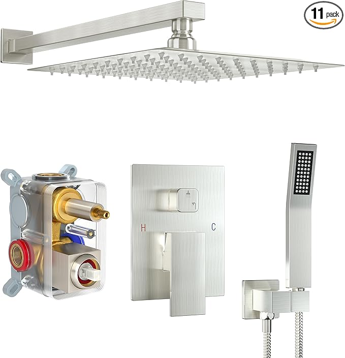 Shower Faucet Set, Shower System with 12 Inch Rain Showerhead and Handheld Shower, Wall Mounted High-Pressure Showerhead Combo Set Included Valve and Trim, Brushed Nickel