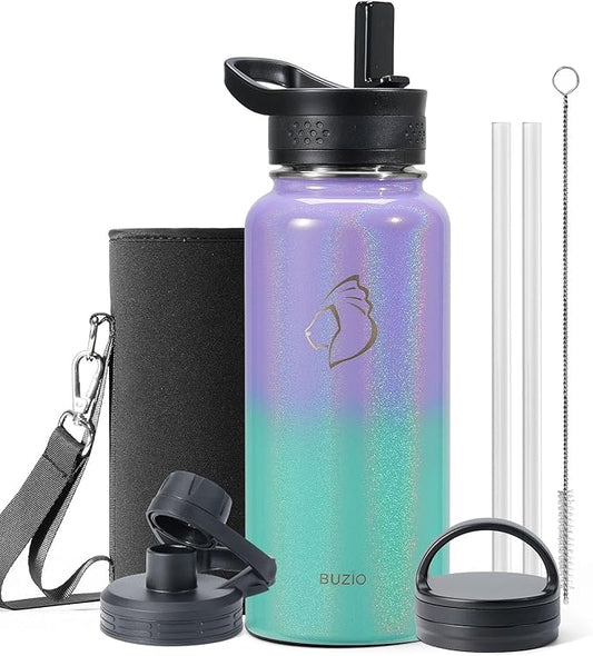 BUZIO Water Bottle with Straw lid, Spout Lid, Hand Lid and Carrying Pouch, 32oz 40oz 64oz Stainless Steel Water Flask Jug, Cold for 48 Hrs Hot for 24 Hrs Double Vacuum Thermo Canteen Mug, BPA-Free