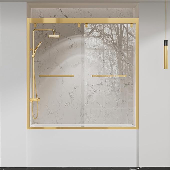 Bathtub Double Sliding Door 55-59 in,Semi-Frameless Double Sliding Tub Shower Door,Glass Shower Doors for Tub,with 5/16"(8mm) Clear Tempered Glass,Silent Soft-Close Design,Stainless Steel,Gold