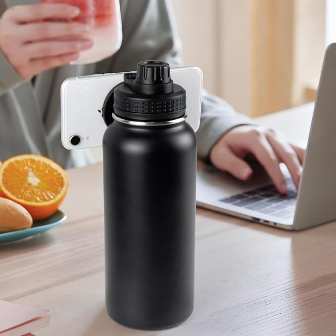 Magnetic Water Bottle with Phone Holder, 32oz Insulated Water Bottle Stainless Steel Travel Water Bottle for Gym, Hot 12H, Cold 24H (Black) (Black)