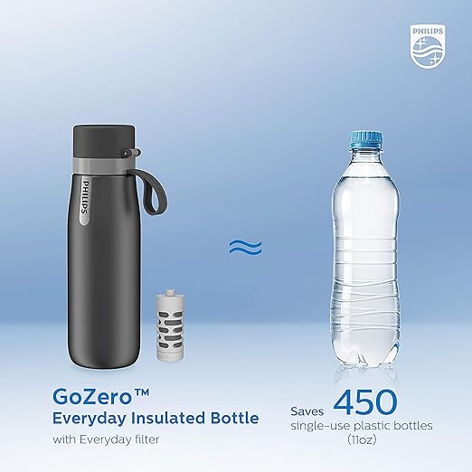PHILIPS Filtered Water Bottle, Insulated Stainless Steel Water Purifier Bottle for Daily Life & Travel, BPA Free with GoZero Everyday Filter for Cleaner & Tastier Tap Water, Keeps Cold, 18.6 oz Gray