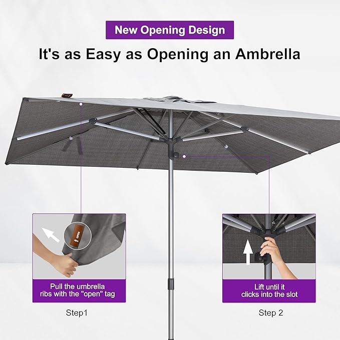 PURPLE LEAF 6 X 10 FT Semi-Auto Outdoor Patio Umbrella Market Table Sun Umbrellas with 6 Aluminum Sturdy Ribs for Backyard Deck Garden Pool (Silver Pole Gray Canopy)