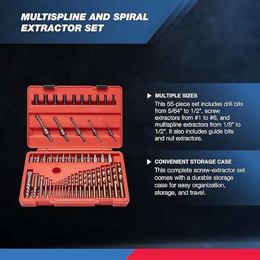 NEIKO 04202A Master Screw Extractor | 55 Pieces Broken Bolt Remover | Multi Spline, Extractor Pins, Spiral and Nut Extractors | 5/64” to 1/2" | Stripped Screws, Studs, Fittings and Lugs Extraction