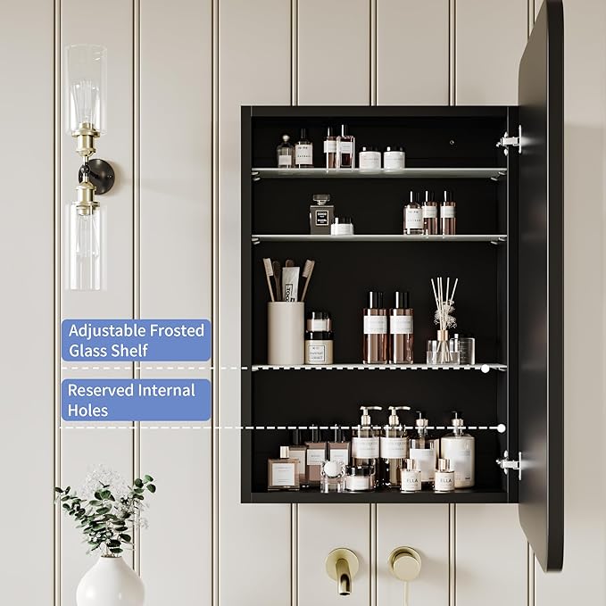 Vintage-Style Bathroom Wood Black Cabinet with 17.5''x29'' Black Metal Frame Curved Mirror, Recessed Medicine Cabinet, Bathroom Storage Cabinet