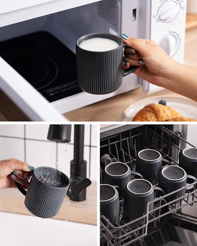 famiware Coffee Mug Set for 4, Star 12 oz Catering Mugs Cup Set with Handle for Coffee, Tea, Cocoa, Milk - Ceramic Stoneware Drinkware Set, Matte Dark Charcoal