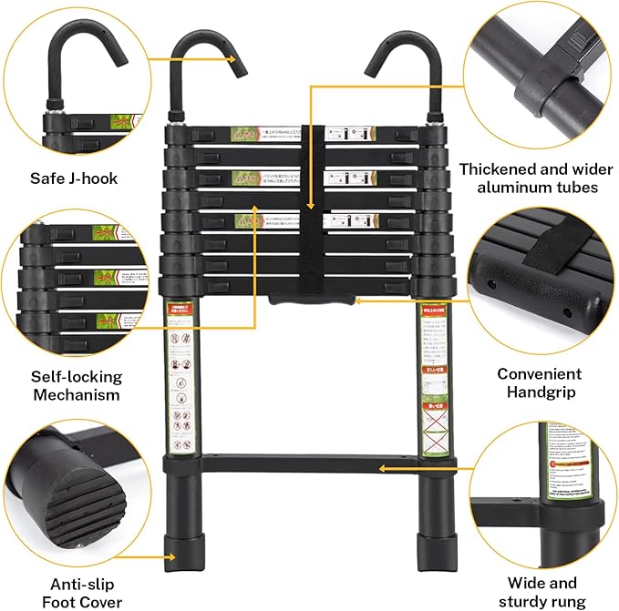 Telescopic Ladder, 8.5FT RIKADE Aluminum Telescoping Ladder with Non-Slip Feet and Stable Hook, Portable Extension Ladder for Household and Outdoor Working, 330lb Capacity Black