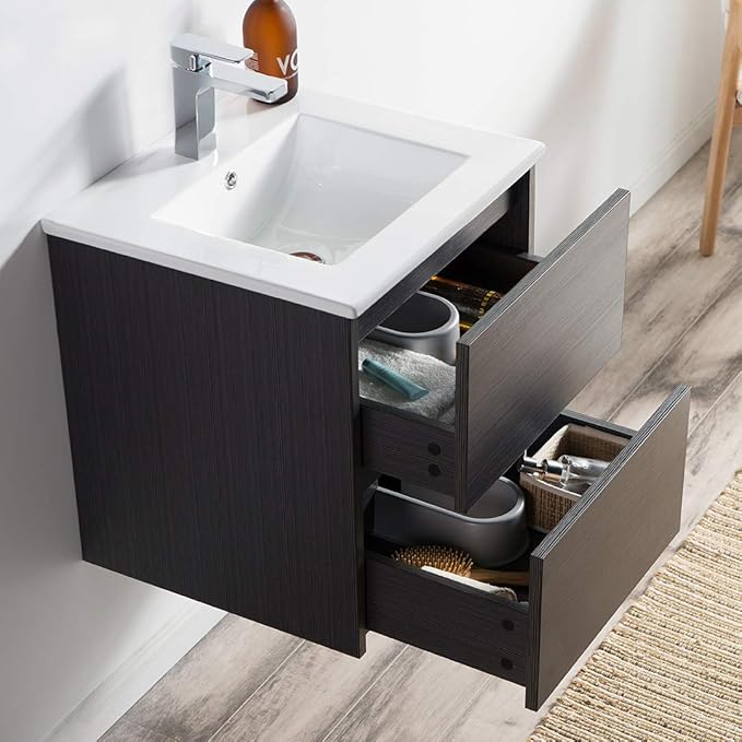 Blossom Single Bathroom Vanity with Ceramic Sink and Mirror | All Wood Floating Vanity Cabinet | 2 Soft-Closing U-Shaped Cutout Drawers | 20" w/Ceramic Sink and Mirror, Silver Grey