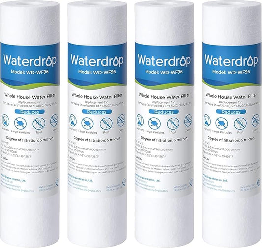 Watedrop 5 Micron Water Filter 10" x 2.5" Whole House Water Filter Replacement Cartridge, Sediment Water Filter Replacement for Any 10 inch RO Unit, Aqua-Pure® AP110, Culligan® P5, WHKF-GD05, 4 Pack