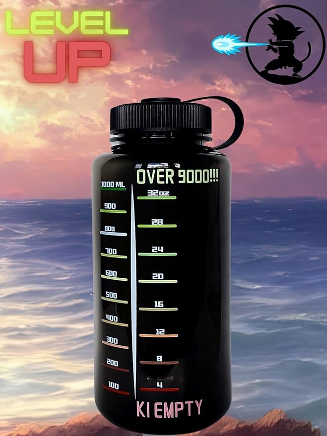 Water Bottle, Anime Inspired, It's over 9000, BPA-Free Large Plastic Water Jug With Screw Top Lid, Wide Mouth, Hydration For Outdoor Sports, Gym, Yoga. Holds 32 Ounces, Travel Container