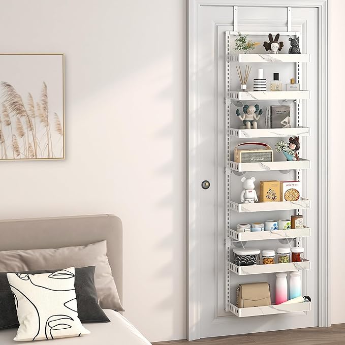bukfen Over the Door Pantry Organizer,8-Tier Adjustable Basket Kitchen Pantry Door Organization and Storage, Heavy-Duty Metal Hanging Kitchen Spice Rack,D6.3 x W17.32 x H66.93 inch,White Marble Color