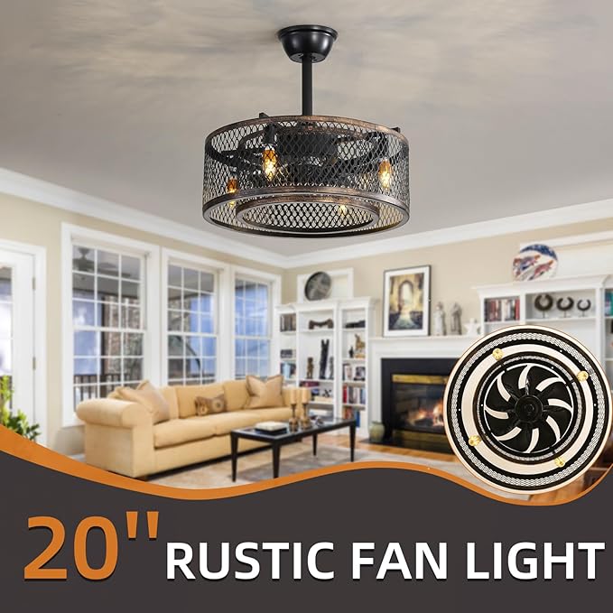 NicBex Ceiling Fan 20 Inch Ceiling Fans with Lights Caged Ceiling Fan with Blades and Remote Control Down Rod Mount Ceiling Fans for Bedroom, Living Room, Black Brown