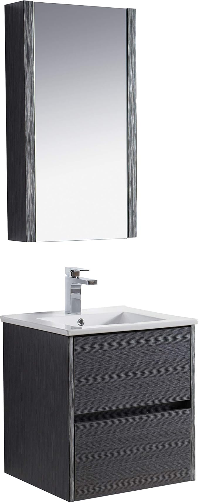 Blossom Single Bathroom Vanity with Ceramic Sink and Mirror Medicine Cabinet | All Wood Floating Vanity Cabinet | 2 Soft-Closing U-Shaped Cutout Drawers | 20 inch, Silver Grey