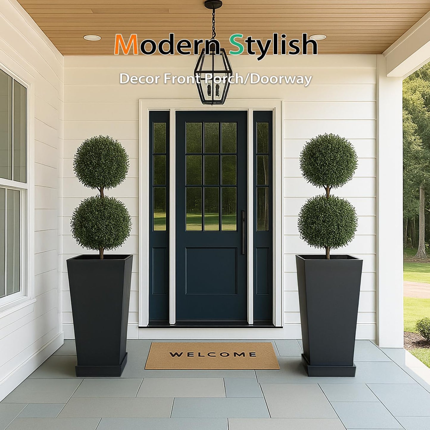 Tall Planters for Outdoor Plants, Large Resin Flower Pots with Saucers for Garden, Front Porch, Patio, Indoor - Set of 2 (Black, 30 inch - 2 Pack)